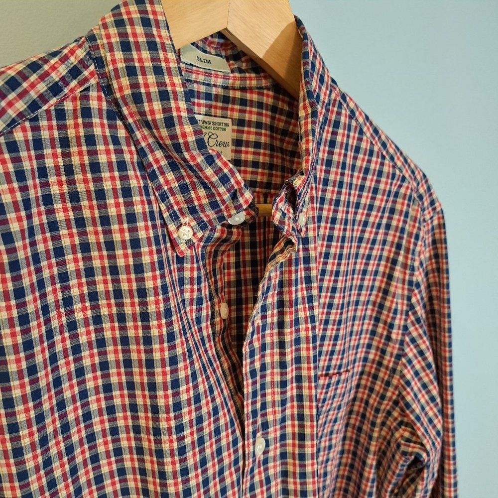 J. Crew men's medium slim stretch 98% organic cotton button down plaid shirt - Picture 2 of 14